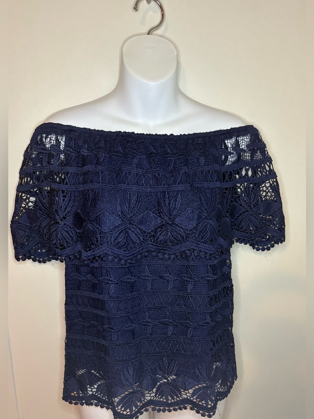 Cato Navy Crochet On Or Off-Shoulder Blouse